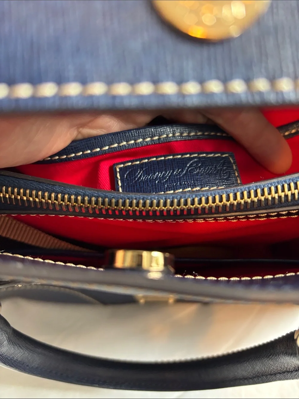 Dooney & Bourke Structured Navy Leather Top-Handle Tote with Gold Accent